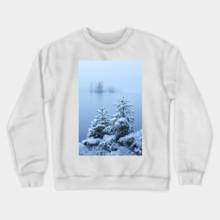 Foggy winter lake and spruce trees Crewneck Sweatshirt